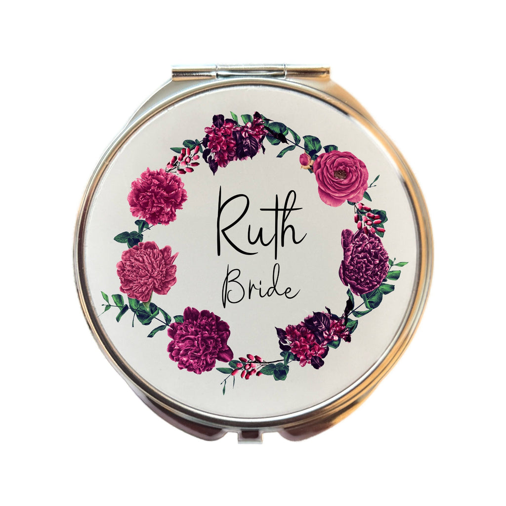 Personalized Compact Mirror: Burgundy Floral Bridal Party Gift