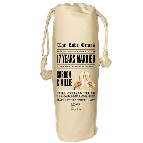 Any year anniversary personalised wine gift bag newspaper