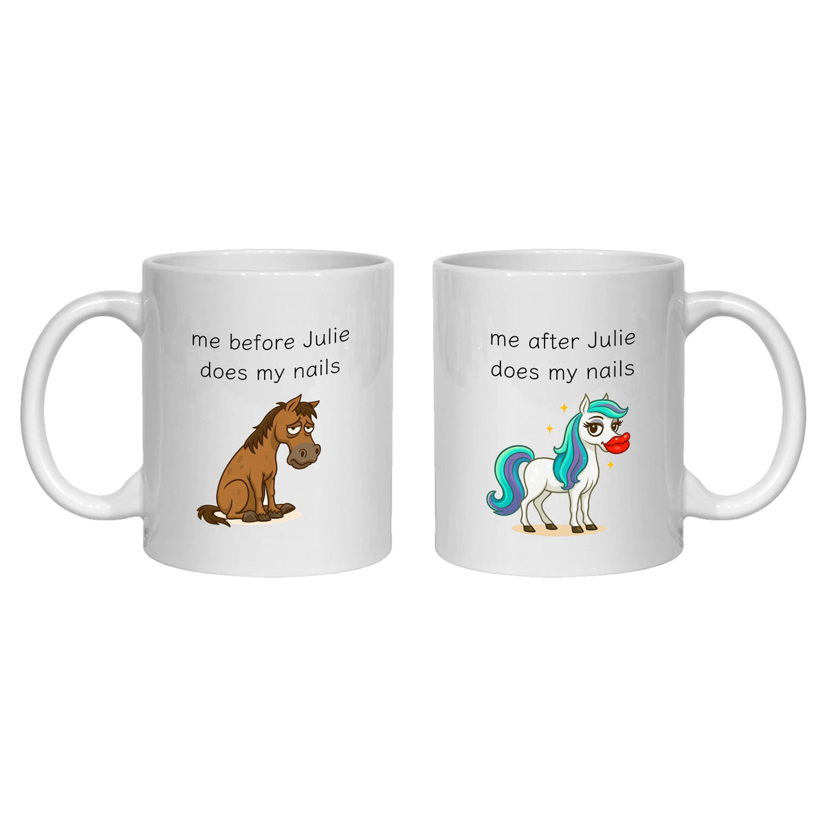 Personalised Manicurist Mug for Nail Tech, Before and After, Horse mermaid