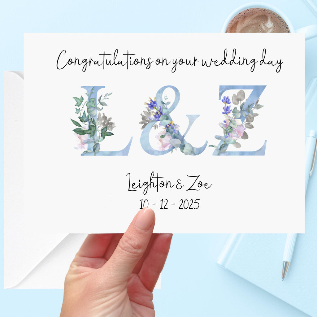 Personalised Wedding Card Monograms Initials Blue Flowers