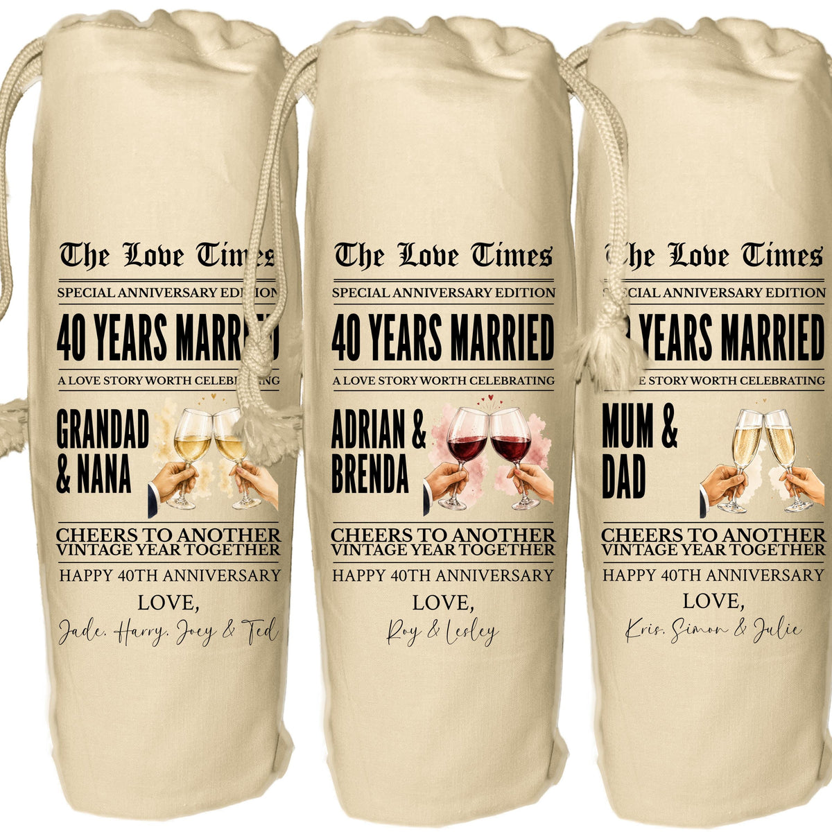 40 year anniversary personalised wine gift bag newspaper - Ruby Wedding Anniversary