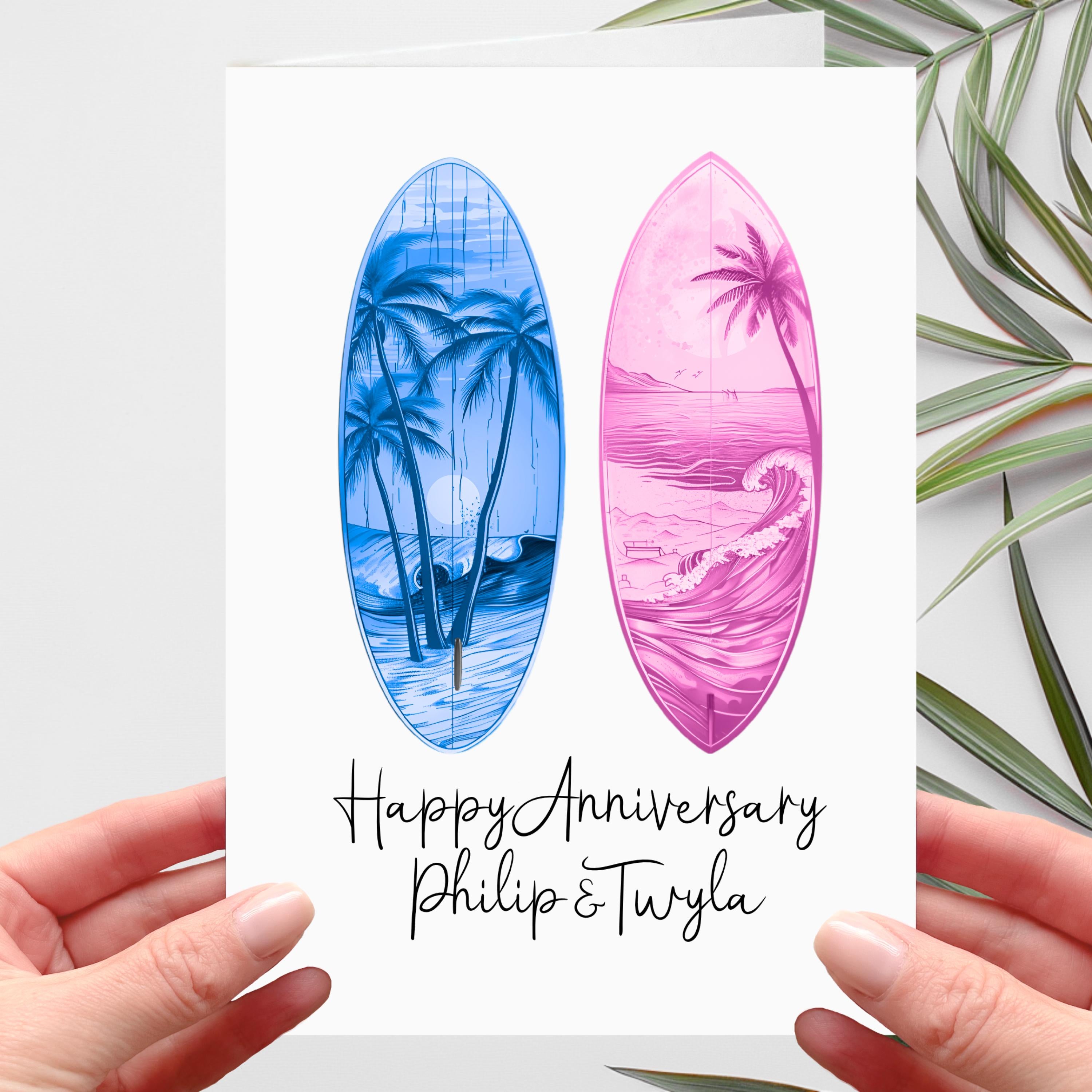 Surfing Anniversary Card Personalised Surf Board