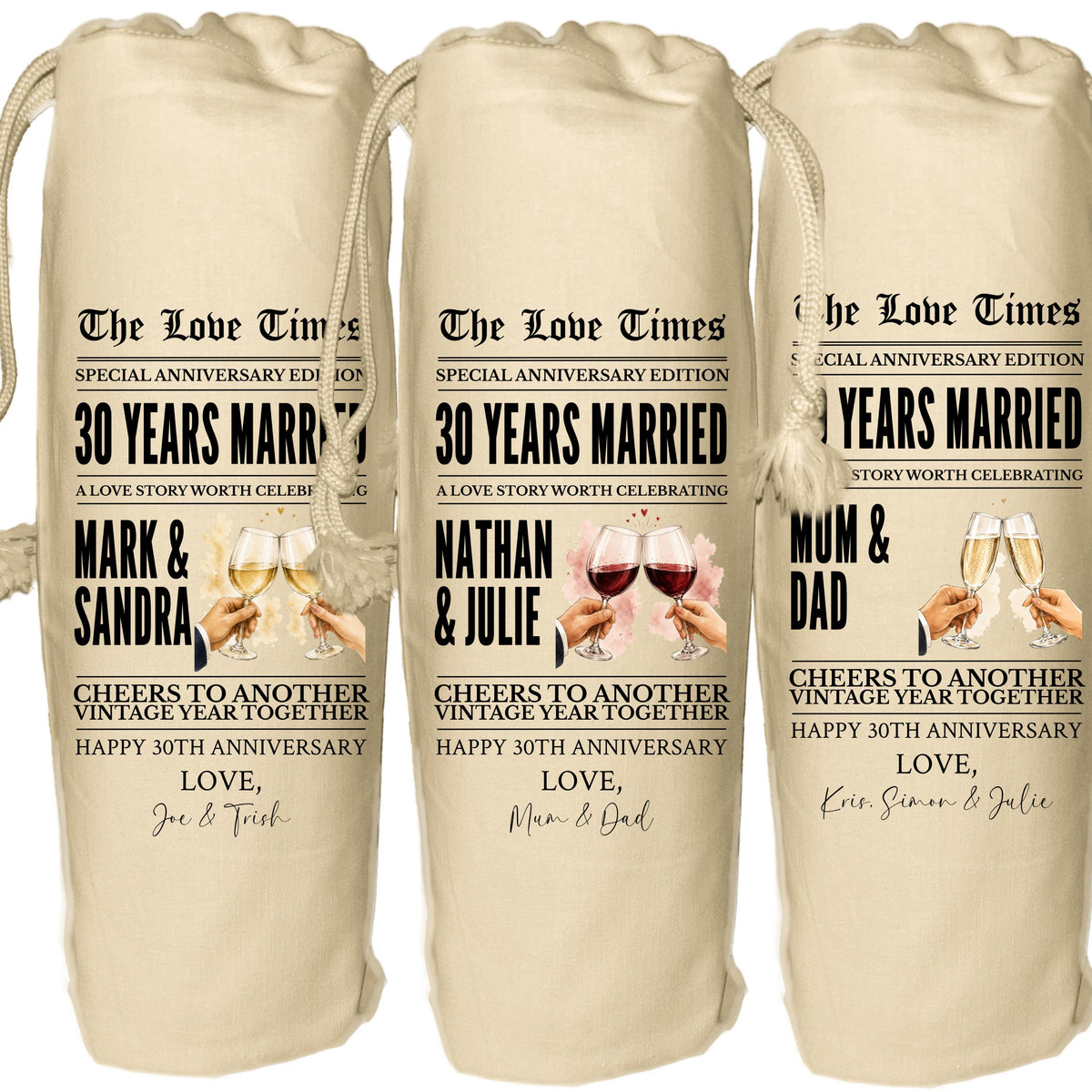 30 year anniversary personalised wine gift bag newspaper - pearl Wedding Anniversary