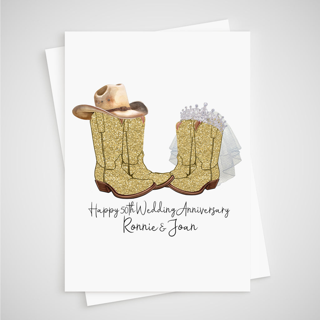 Cowboy 50th Anniversary Card Personalised Golden Wedding Boots Hat Country