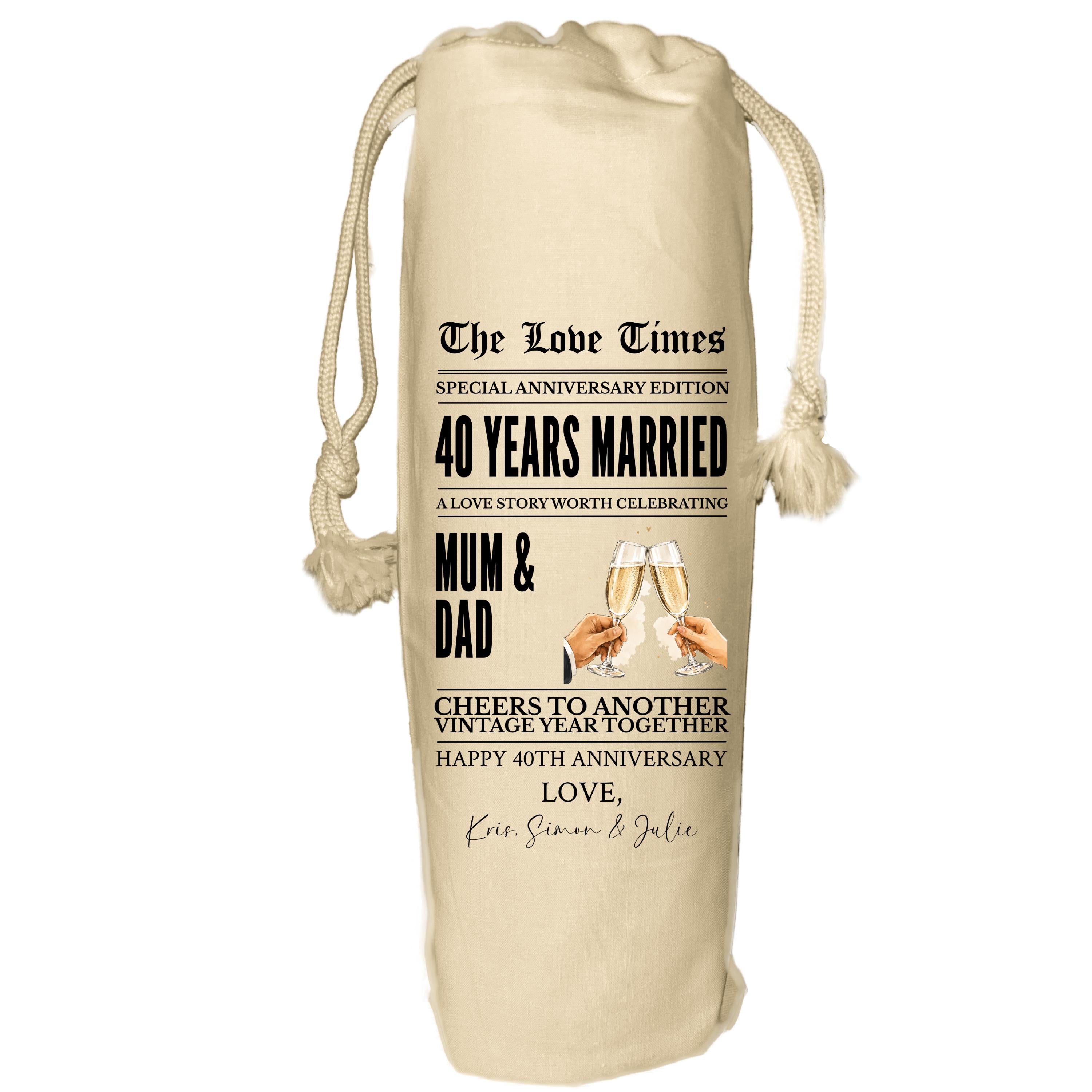 40 year anniversary personalised wine gift bag newspaper - Ruby Wedding Anniversary