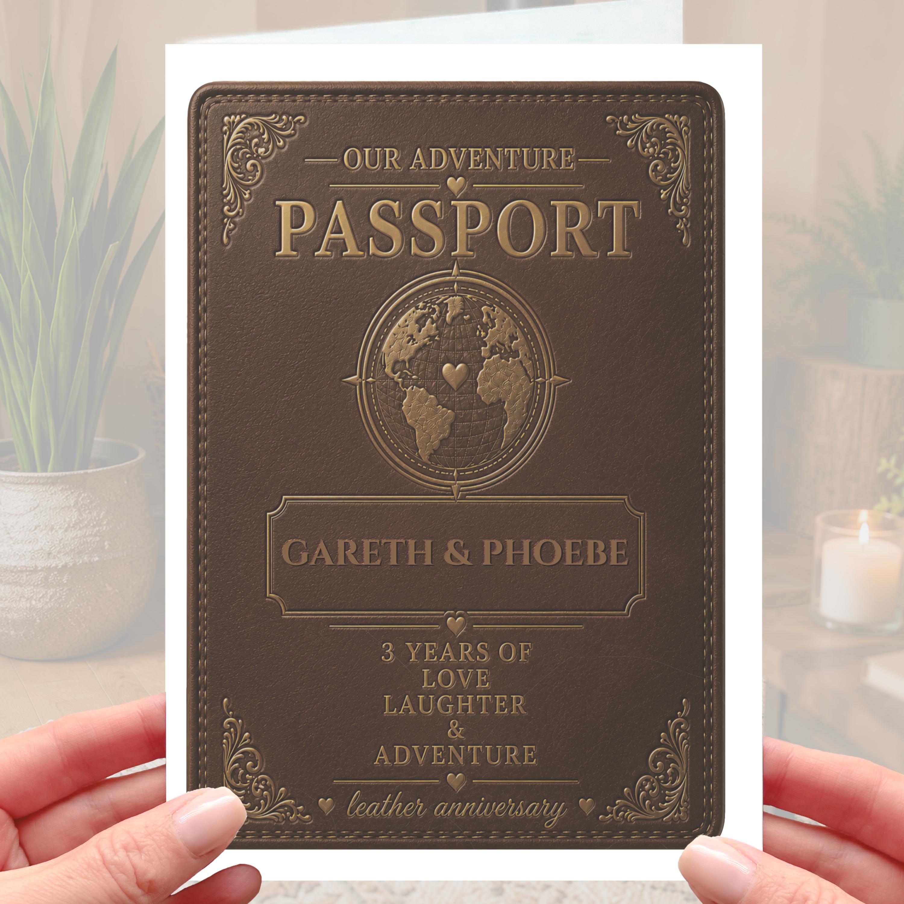 Passport 3rd Anniversary Card Personalised Leather
