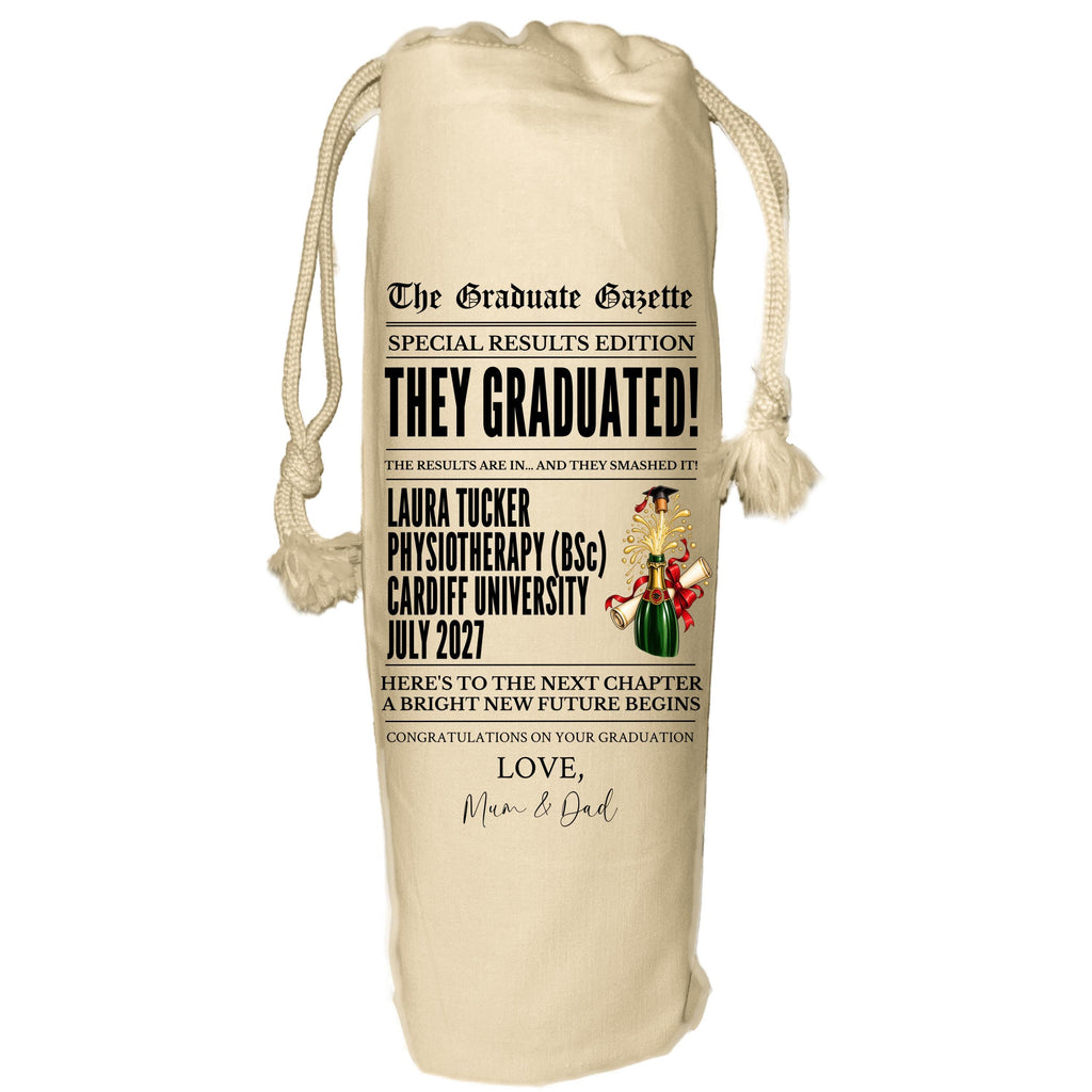Graduation Newspaper Wine Bag - personalised gift for graduate, degree, BSc, BA, Phd, Masters