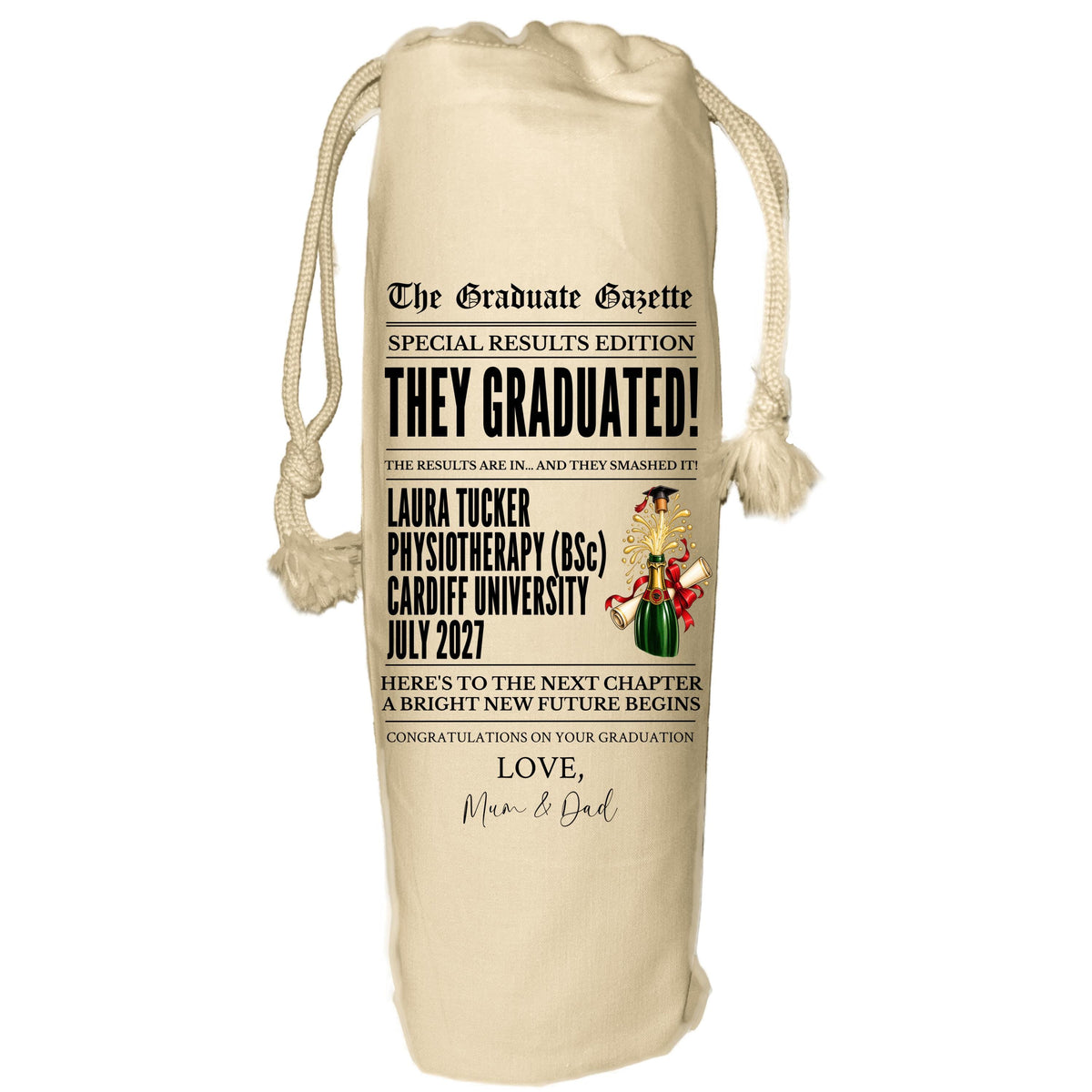 Graduation Newspaper Wine Bag - personalised gift for graduate, degree, BSc, BA, Phd, Masters