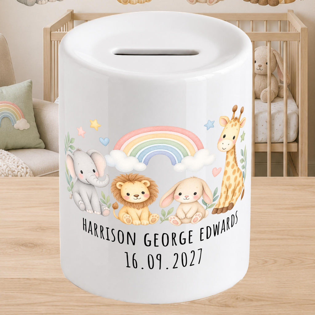 Personalised Baby Money Box - New baby Savings piggy bank - gift for newborn - safari animals