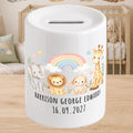 Personalised Baby Money Box - New baby Savings piggy bank - gift for newborn - safari animals