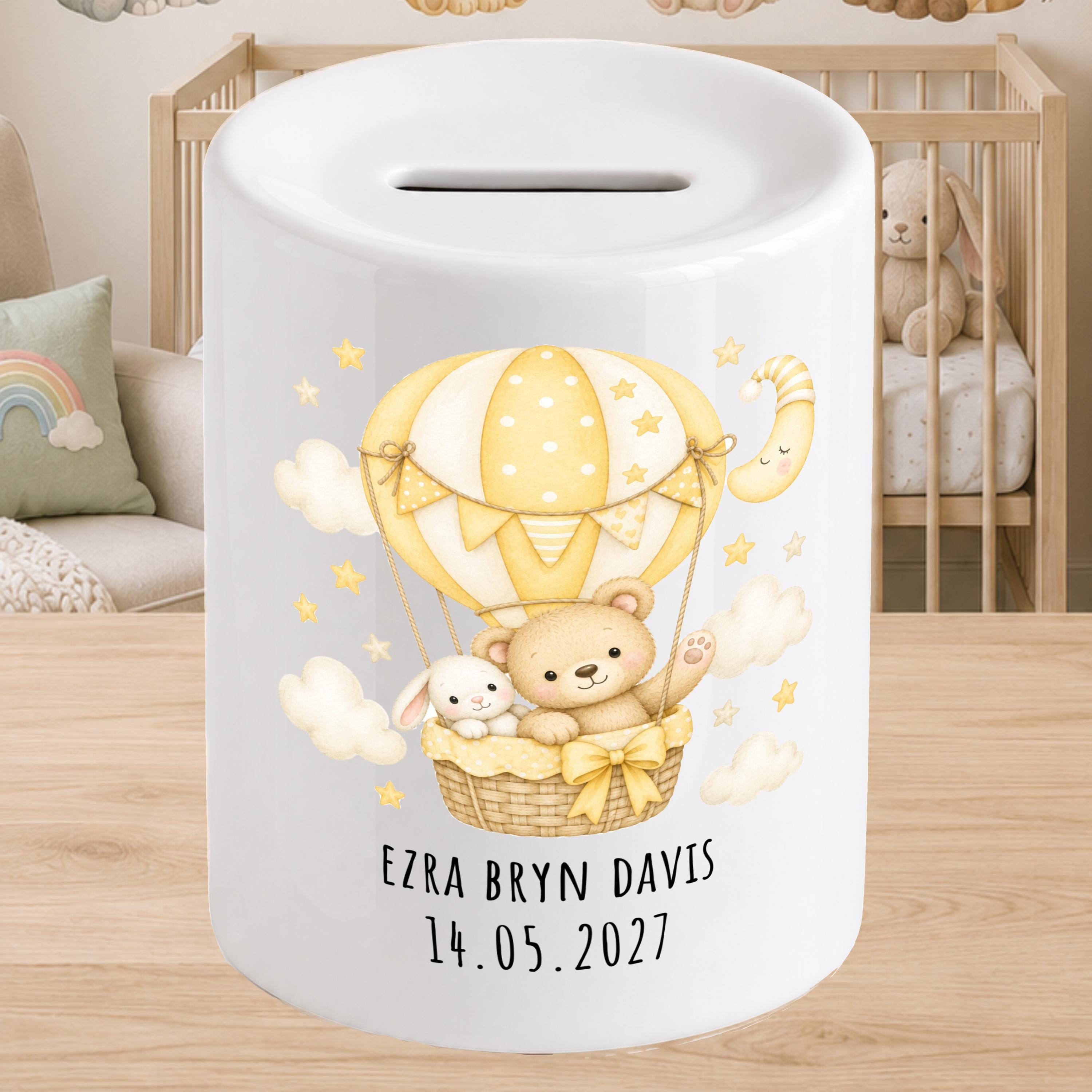 Personalised Baby Money Box Hot air balloon - New baby Savings piggy bank - gift for newborn - green, pink, yellow, blue