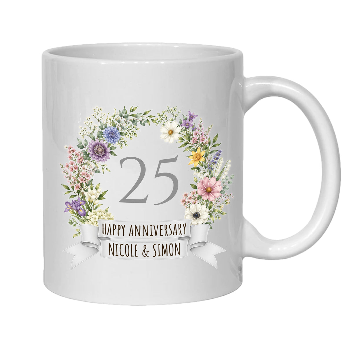 Personalised 25 year anniversary mug 25th silver