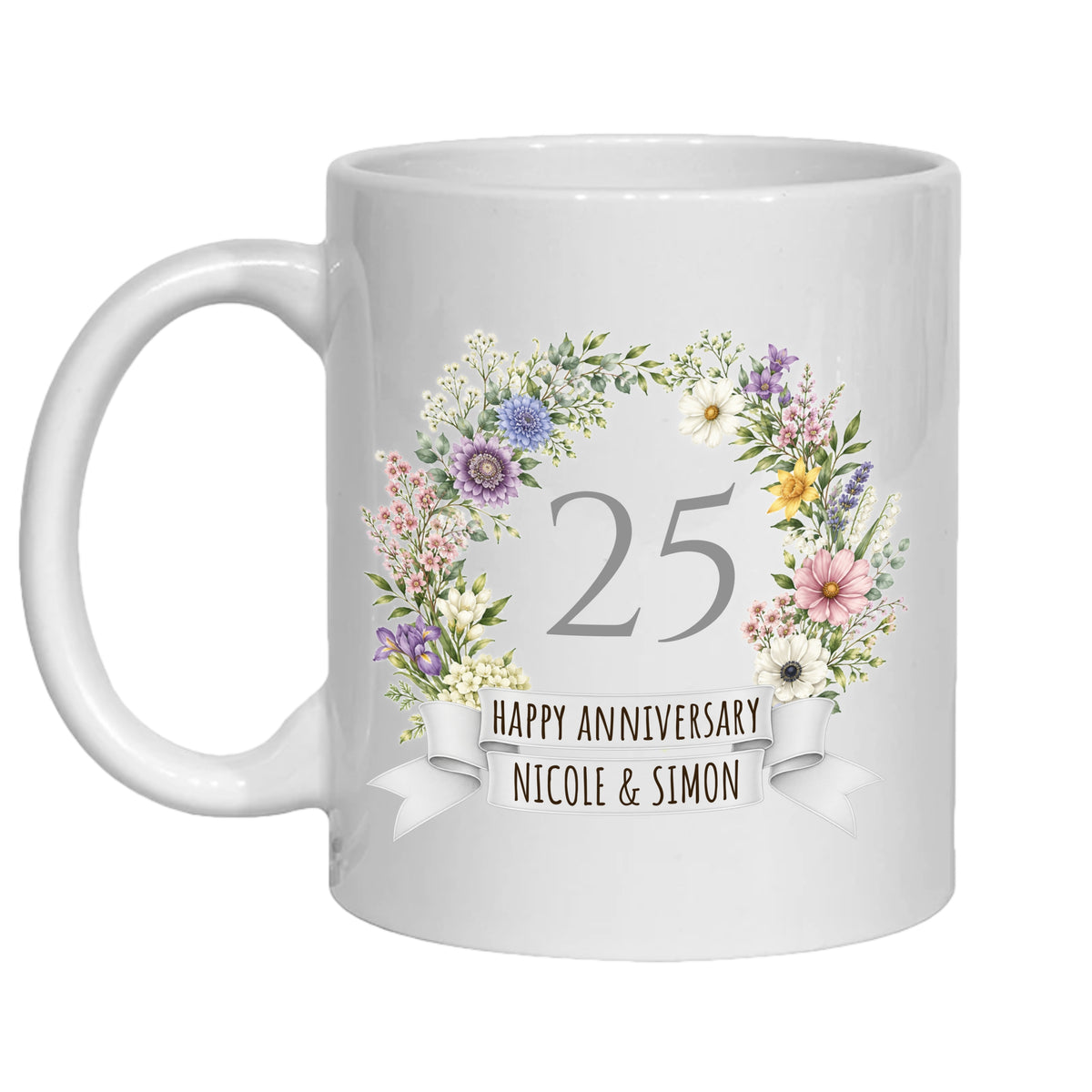 Personalised 25 year anniversary mug 25th silver