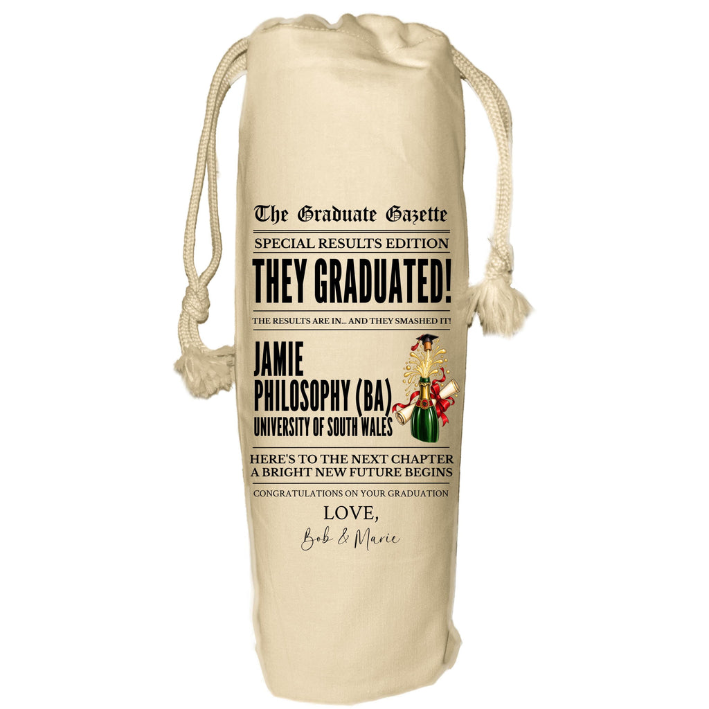 Graduation Newspaper Wine Bag - personalised gift for graduate, degree, BSc, BA, Phd, Masters