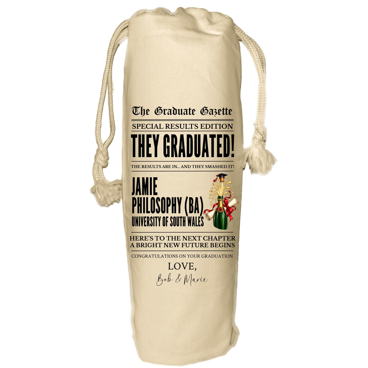 Graduation Newspaper Wine Bag - personalised gift for graduate, degree, BSc, BA, Phd, Masters