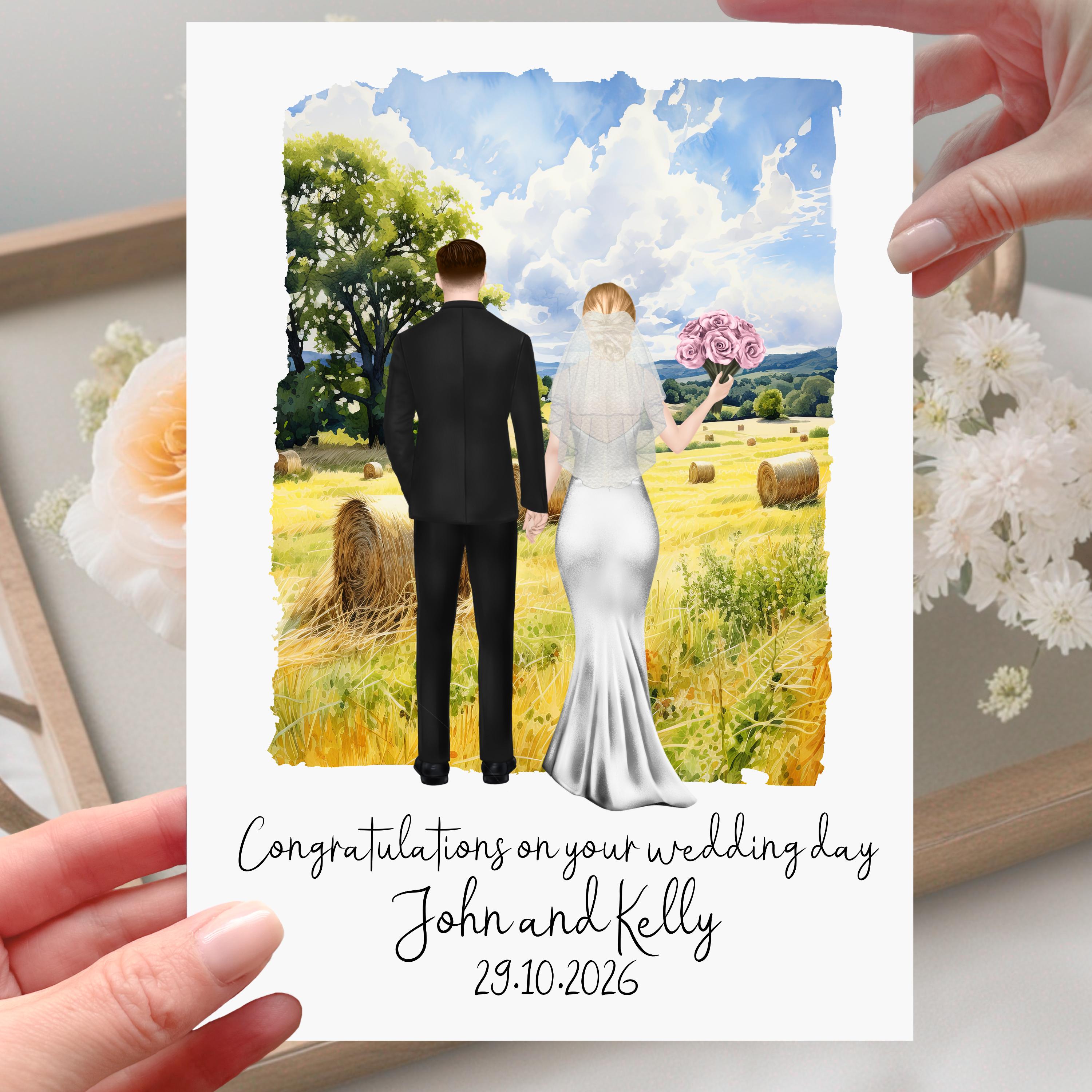 Farm Hay Bale Field Wedding Card Personalised Bride & Groom Barn