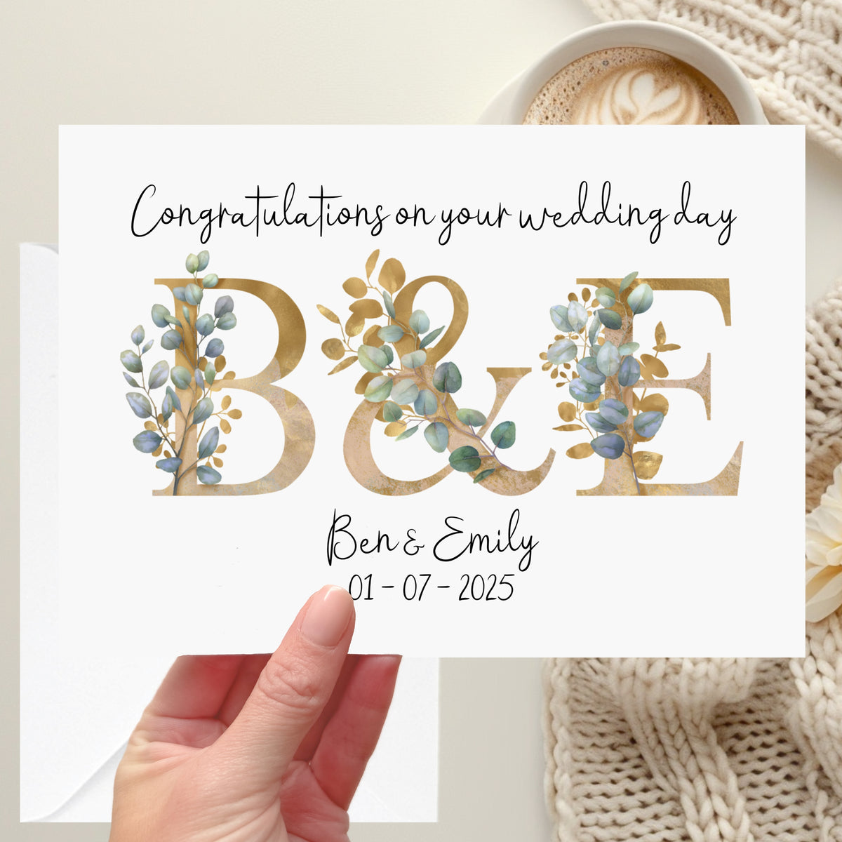 Gold & Green Floral Personalised Wedding Card Eucalyptus Flowers