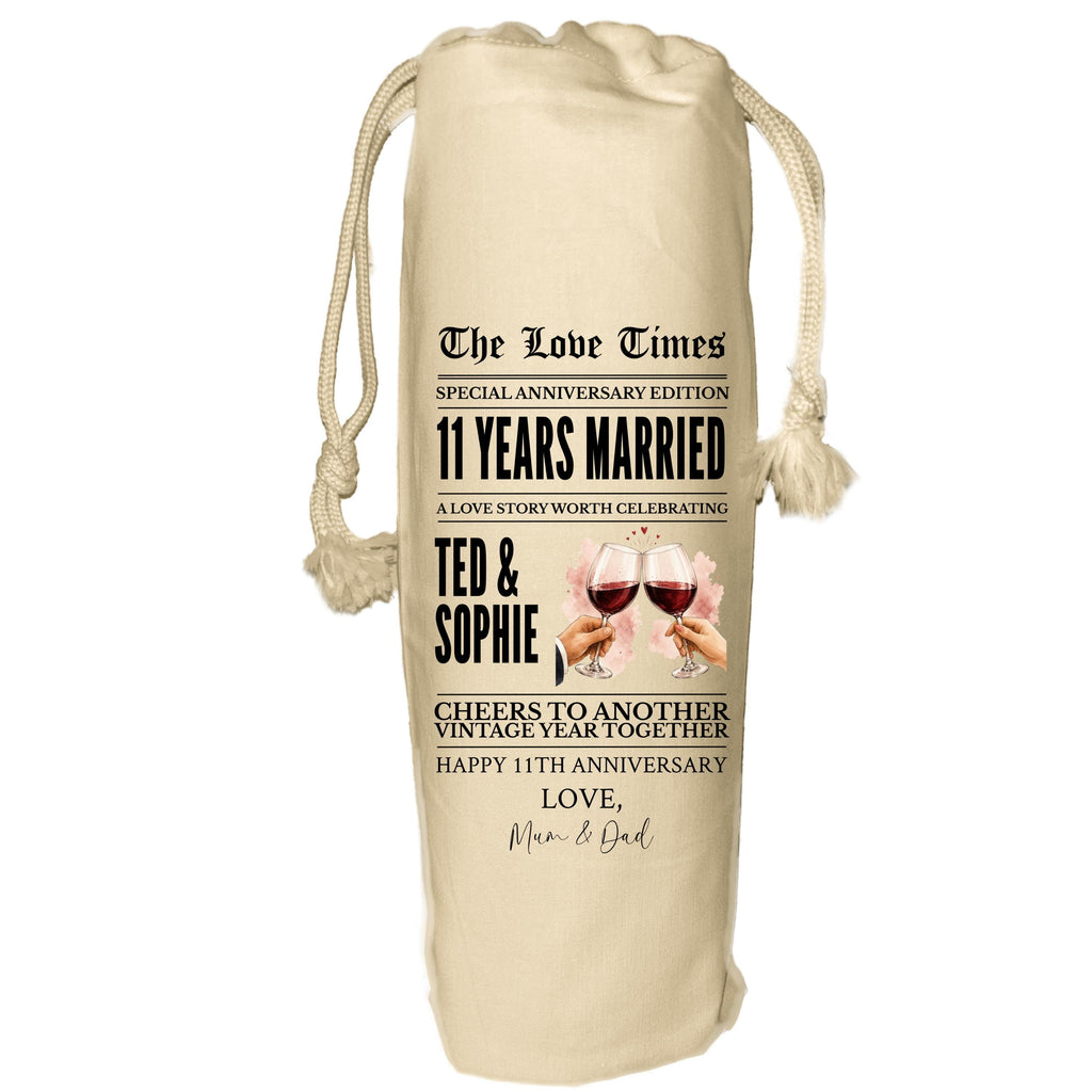 Any year anniversary personalised wine gift bag newspaper