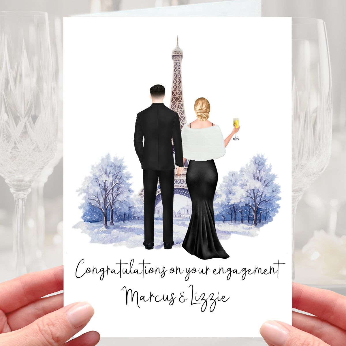 Winter Paris Engagement Card Personalised Eiffel Tower France Snow