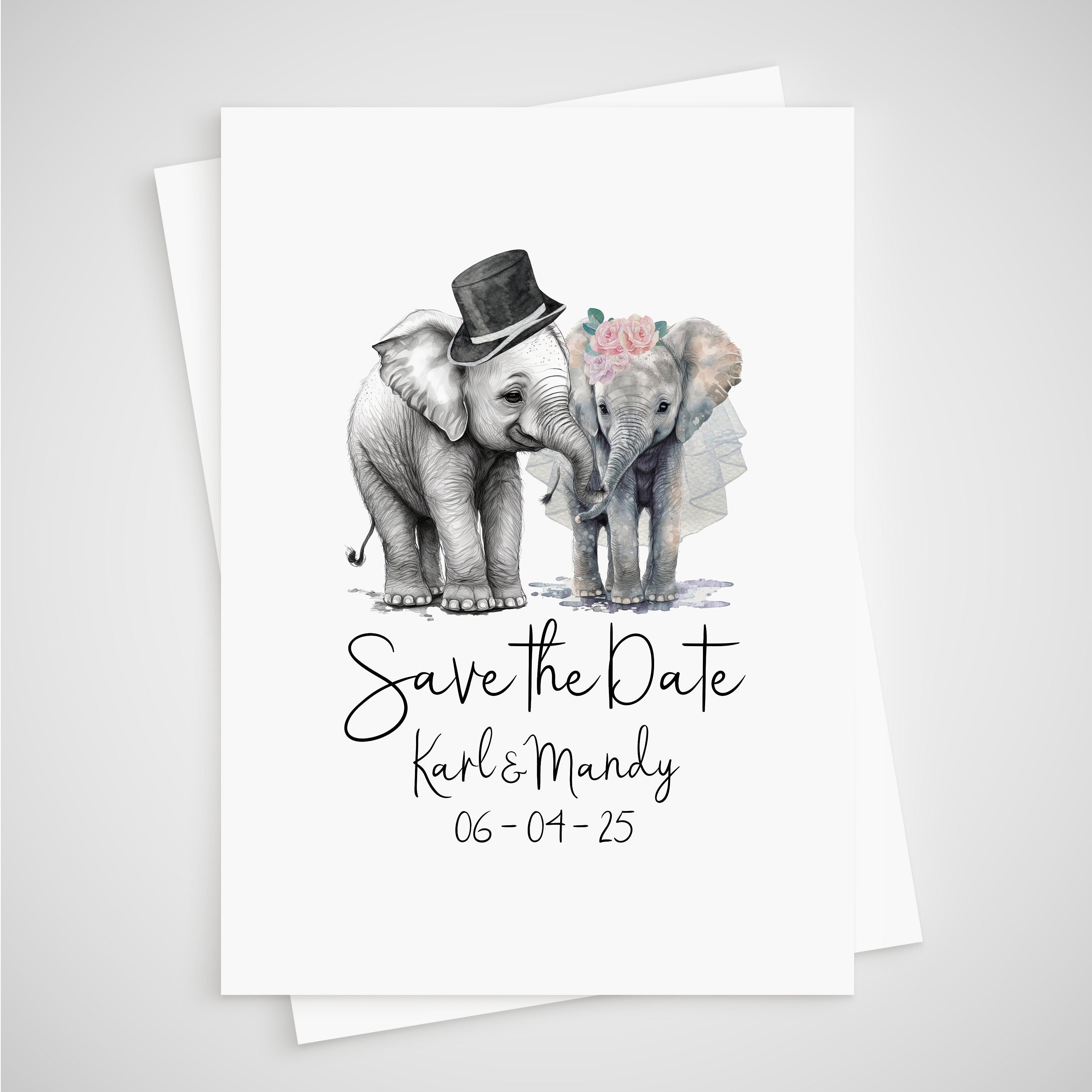Save the Date Elephant Wedding Card Personalised Bride & Groom