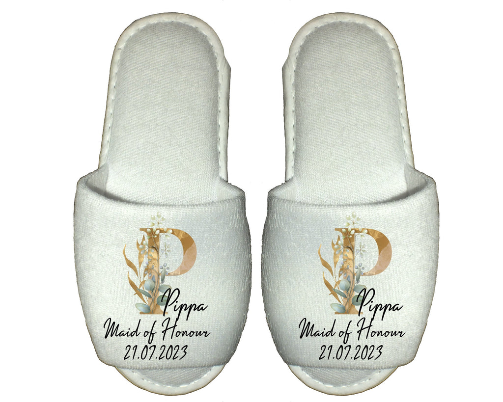 Personalised Bridal Party Spa Slippers – Eucalyptus Gold Green Monogram - Bridal Gifts & Bridesmaid Keepsakes