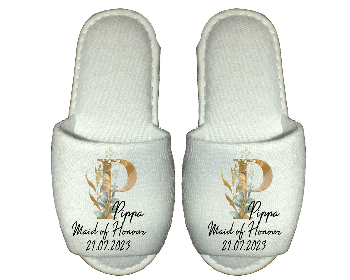 Personalised Bridal Party Spa Slippers – Eucalyptus Gold Green Monogram - Bridal Gifts & Bridesmaid Keepsakes