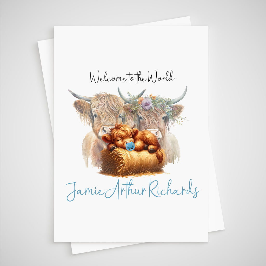 Highland Cow New Baby Card Personalised Boy Newborn Welcome to the World