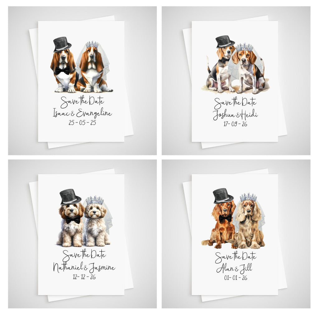 Personalized Dog Wedding Save the Date Card - beagle, basset hound, boxer, british bulldog, chihuahua, chow chow, cockapoo; cocker spaniel