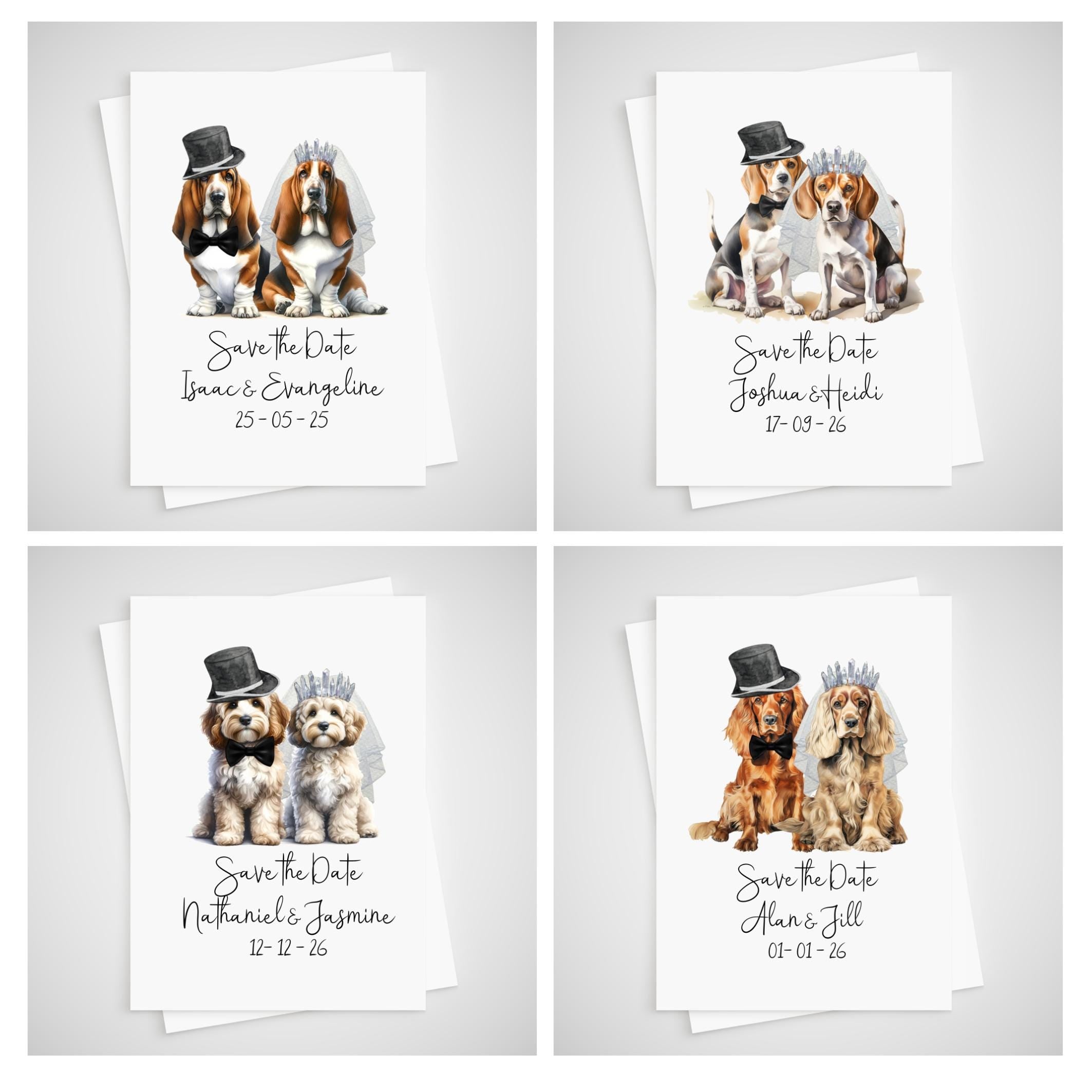 Personalized Dog Wedding Save the Date Card - beagle, basset hound, boxer, british bulldog, chihuahua, chow chow, cockapoo; cocker spaniel