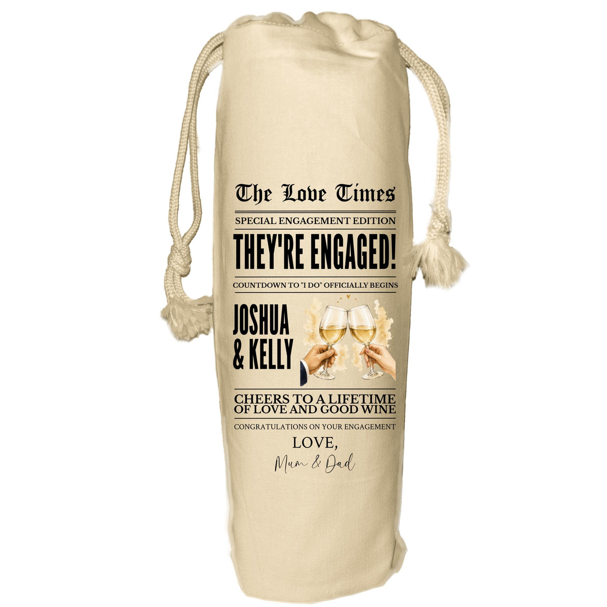 Newspaper Engagement Wine Bag - personalised gift for couple