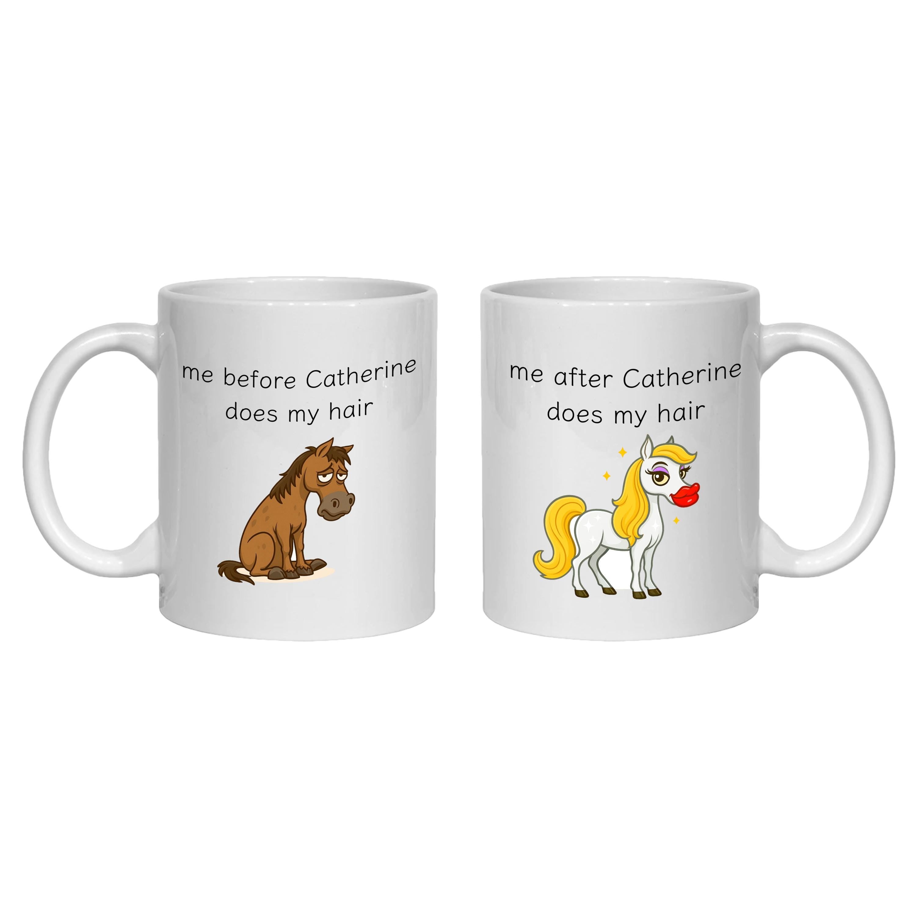 Personalised Hairdresser Mug for Hair stylist, Before and After, Horse mermaid