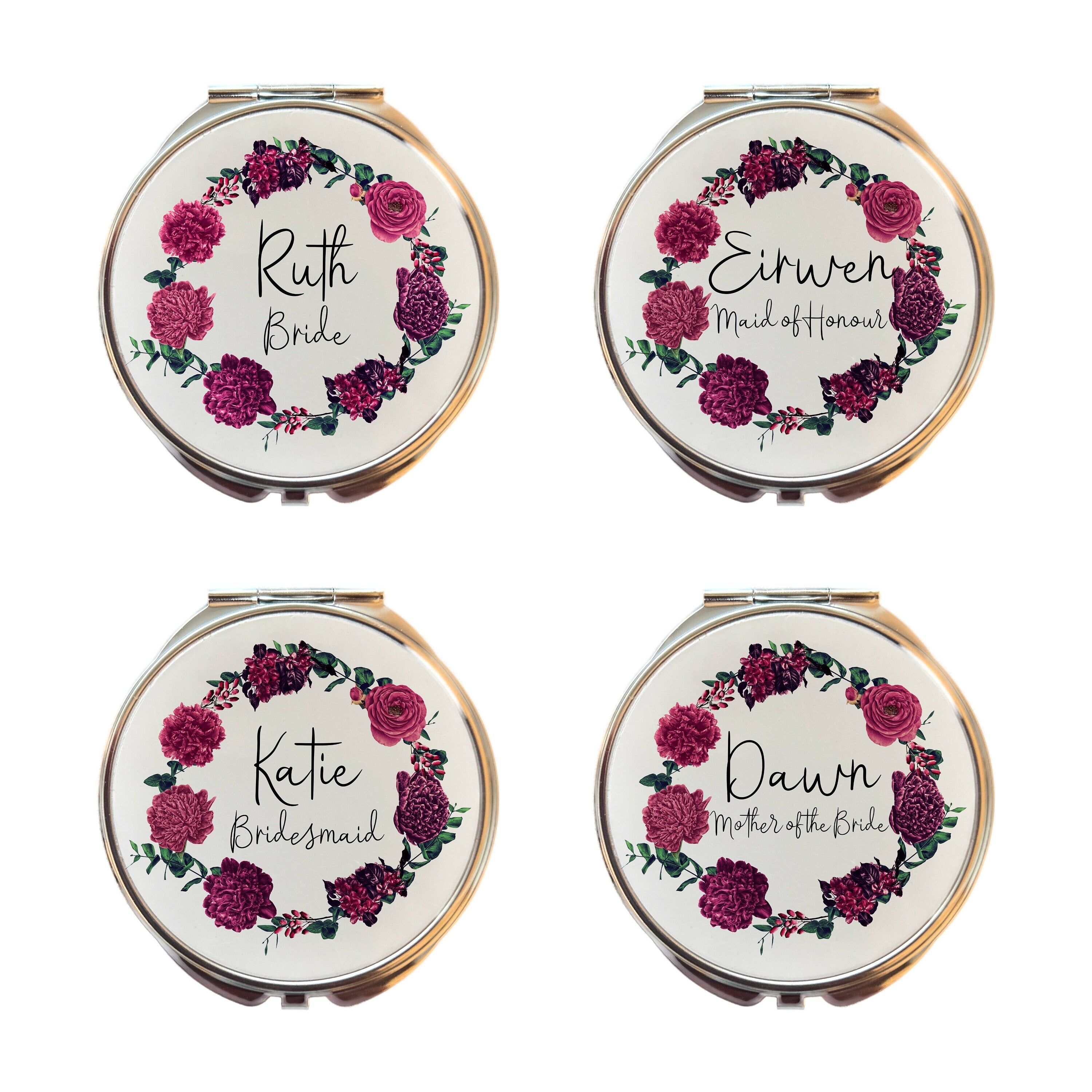 Personalized Compact Mirror: Burgundy Floral Bridal Party Gift