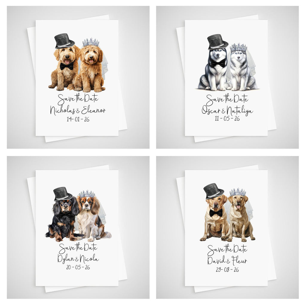 Personalized Dog Wedding Save the Date Card: husky, irish setter, jack russell, king charles cavalier, golden black chocolate labrador, labradoodle