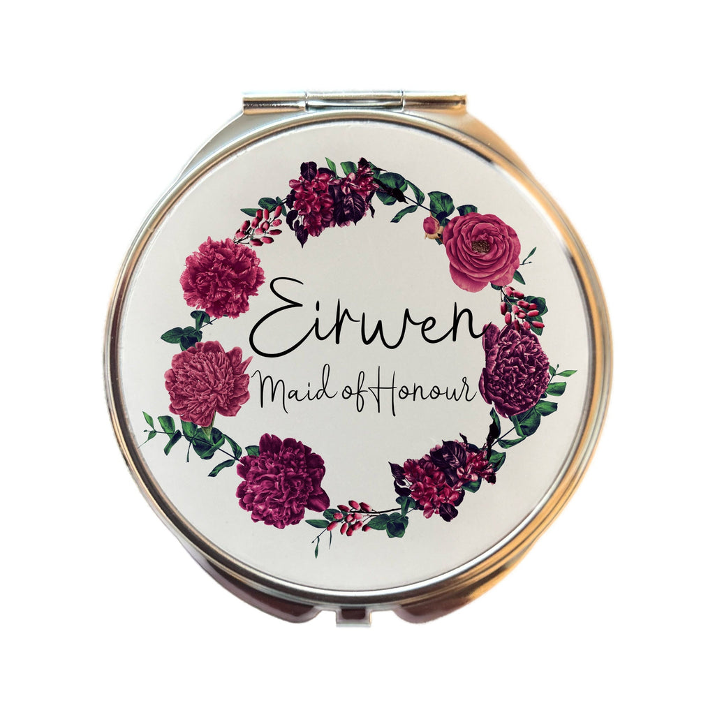 Personalized Compact Mirror: Burgundy Floral Bridal Party Gift