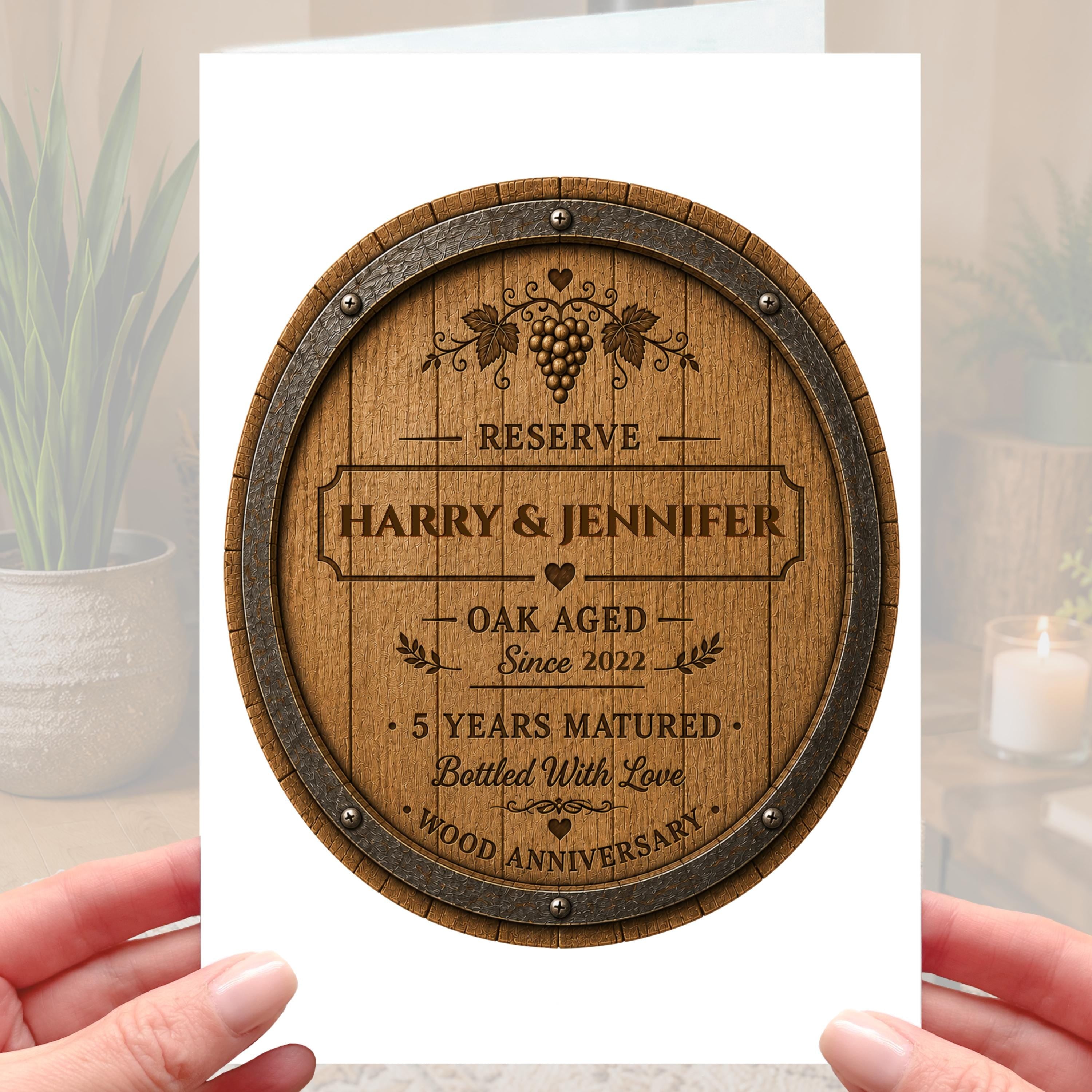 5th Anniversary Card Personalised Wood Wine Barrel