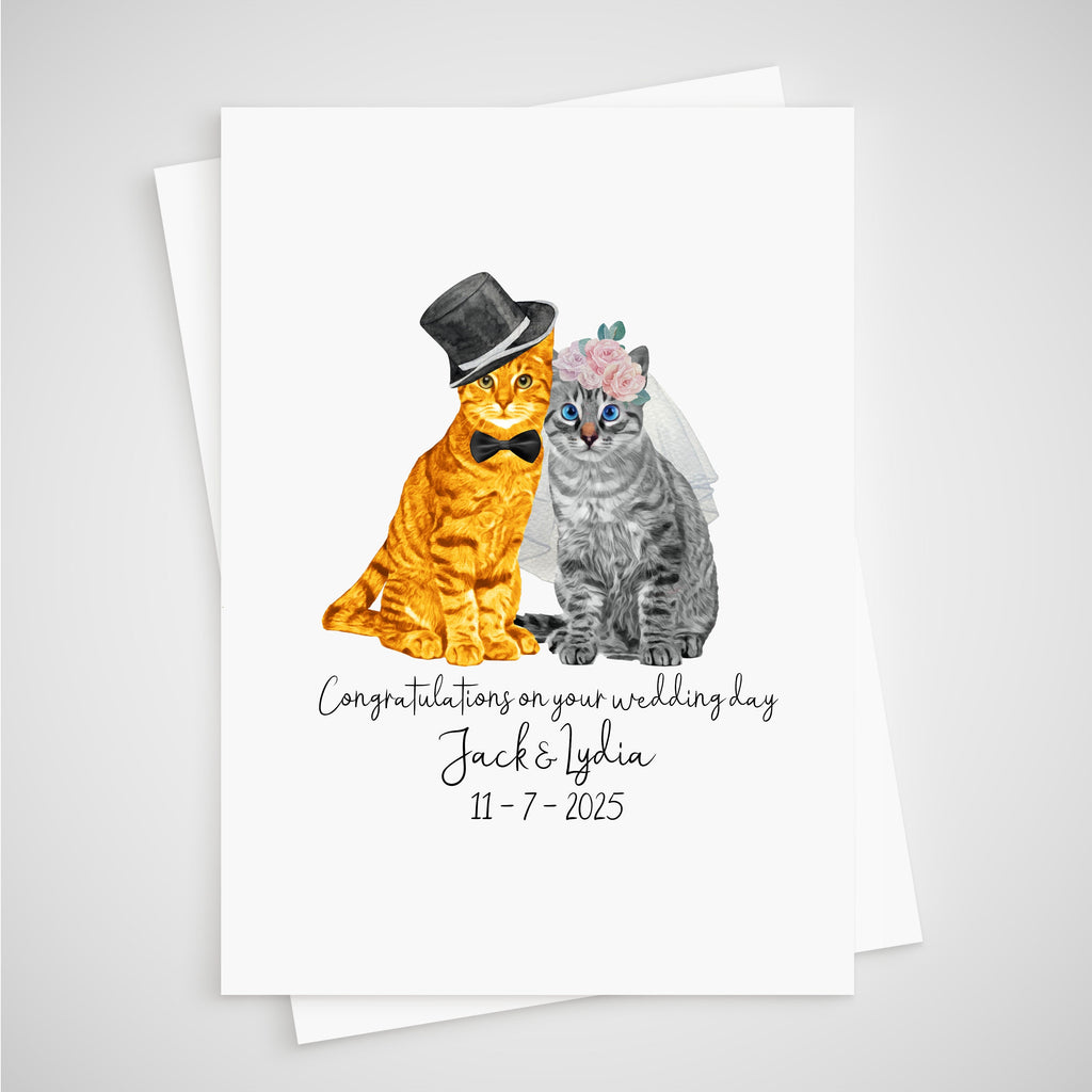 Cat Wedding Card Personalised Bride & Groom - orange tabby silver
