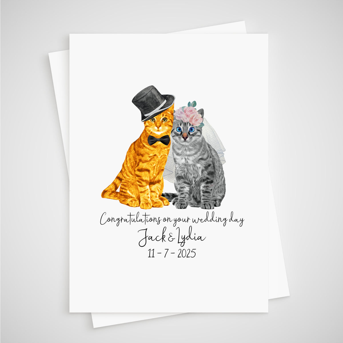 Cat Wedding Card Personalised Bride & Groom - orange tabby silver