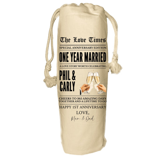 1 year anniversary personalised wine gift bag paper newspaper champagne prosecco