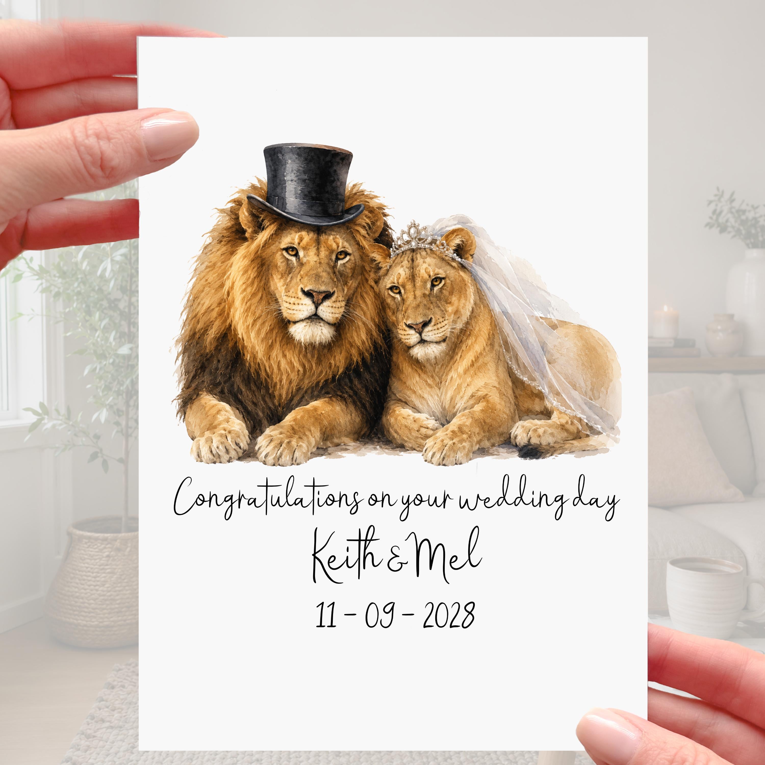 Lion Wedding Card Personalised Bride & Groom Lioness