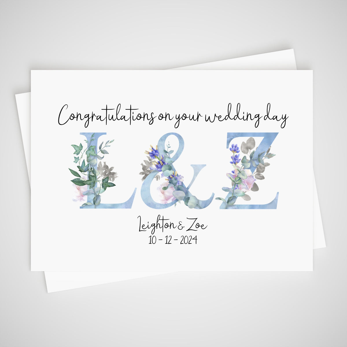 Personalised Wedding Card Monograms Initials Blue Flowers