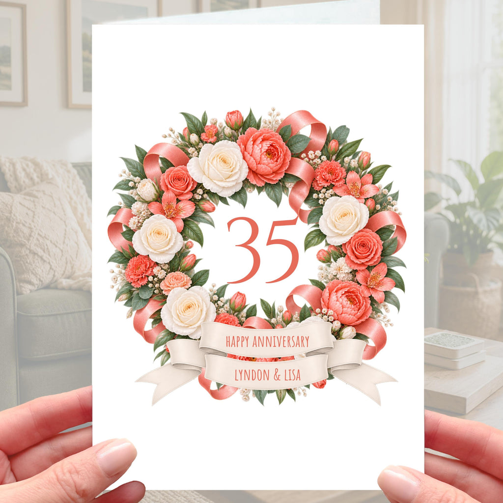 Happy 35th Anniversary Card - Personalised Coral Wedding 35 years