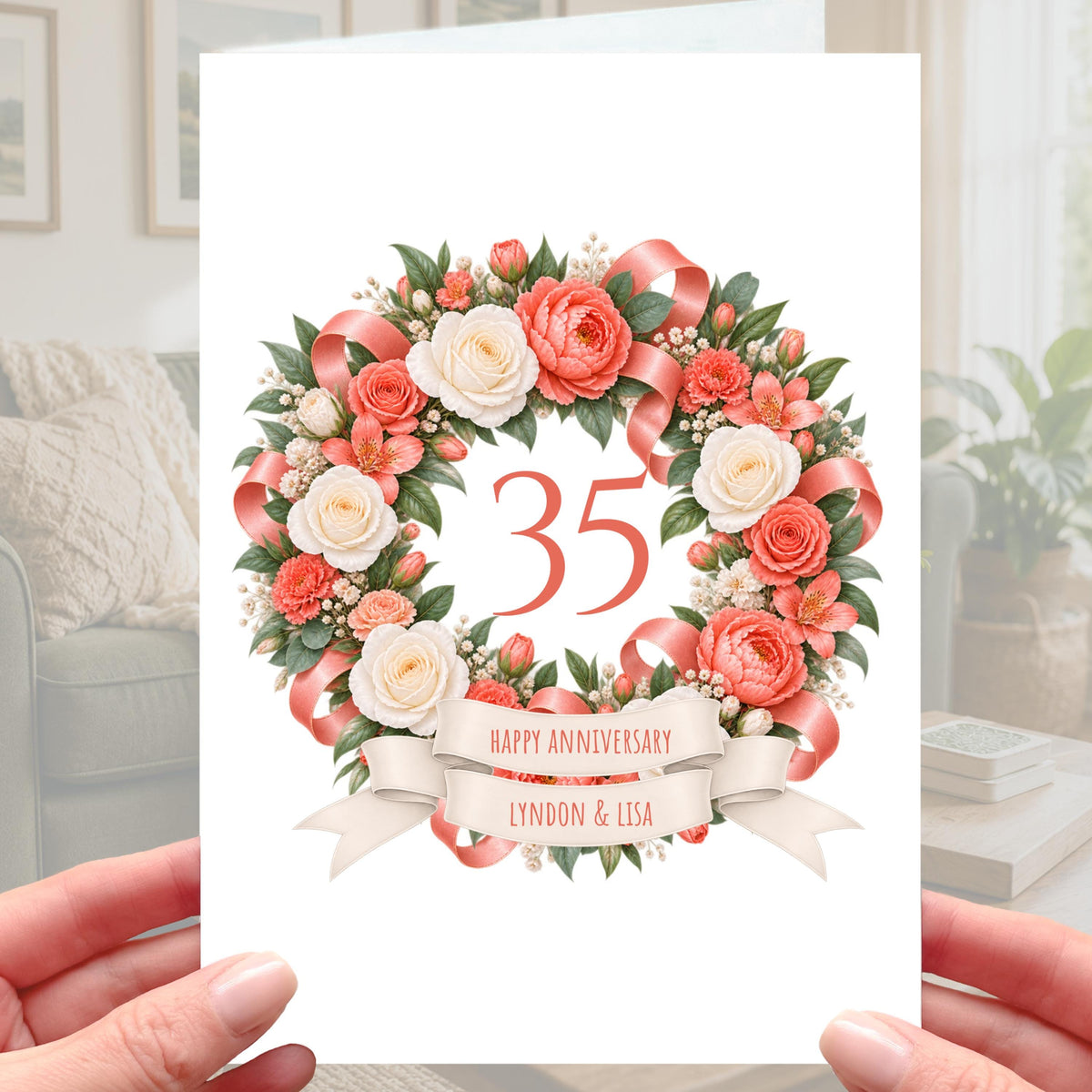 Happy 35th Anniversary Card - Personalised Coral Wedding 35 years