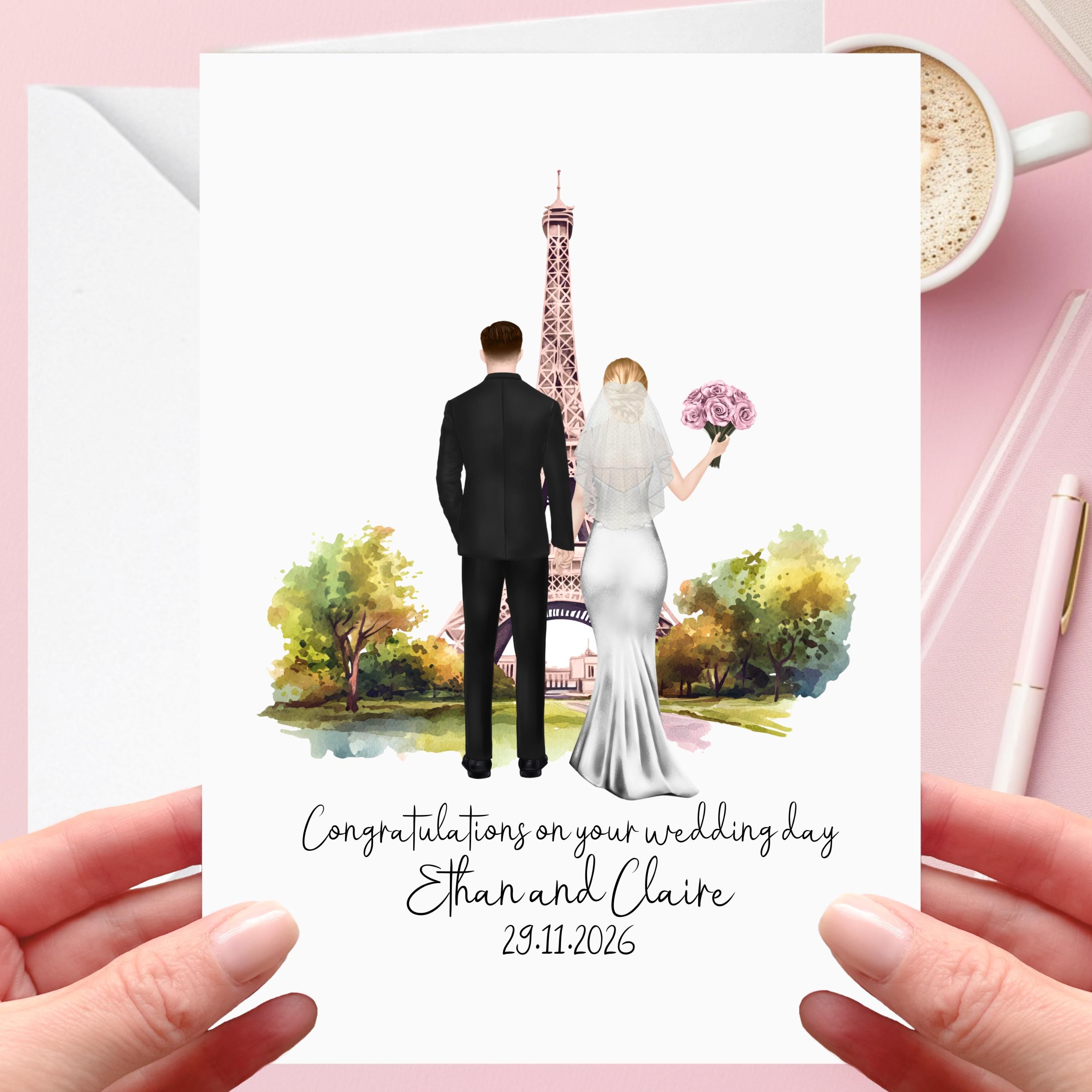 Paris Wedding Card Personalised Bride & Groom Eiffel Tower France