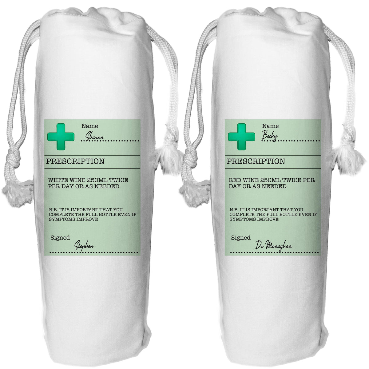 Prescription Wine Gift Bag Personalised Get Well Soon - white red rose