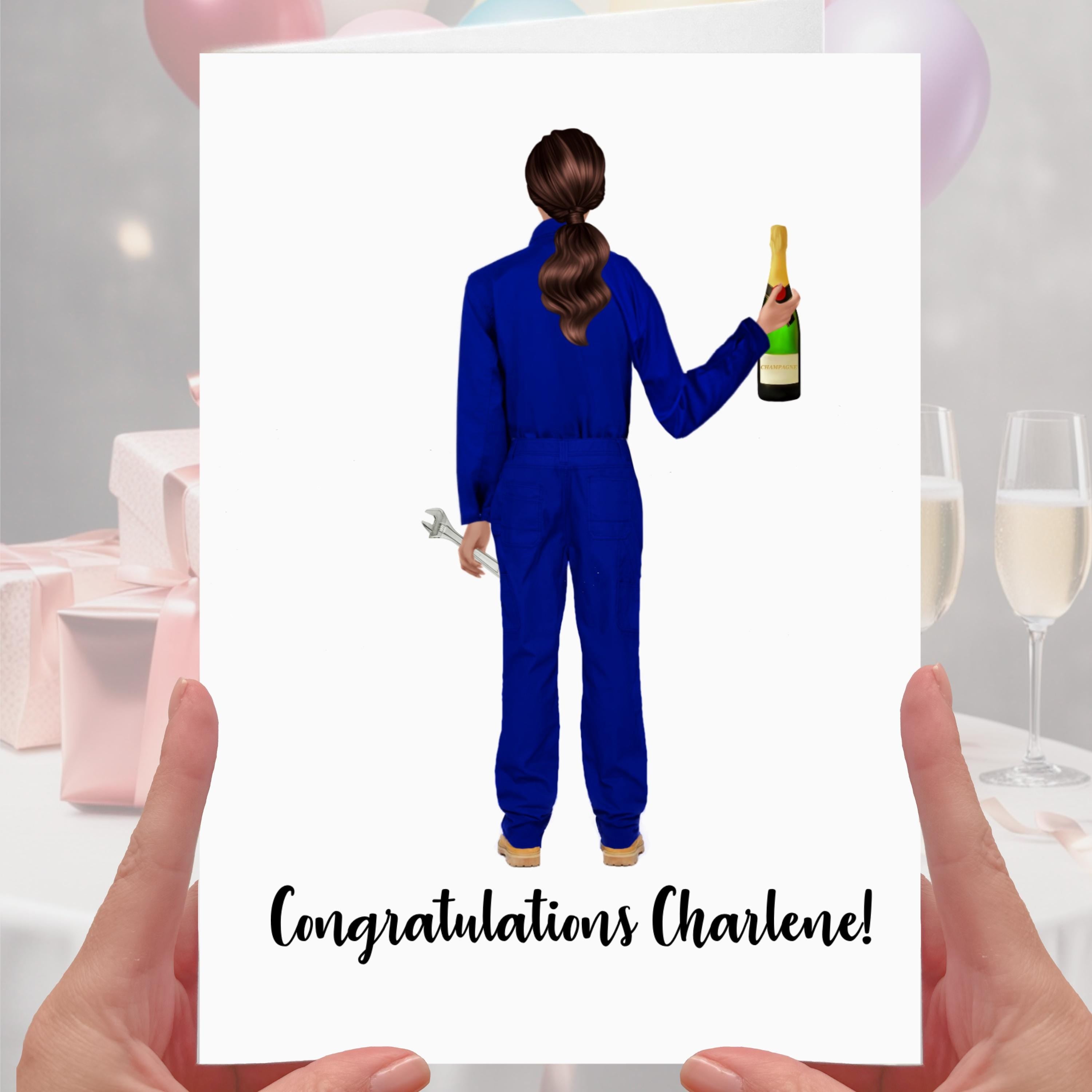 Female Mechanic Card Personalised New Job Congratulations Apprenticeship Girl