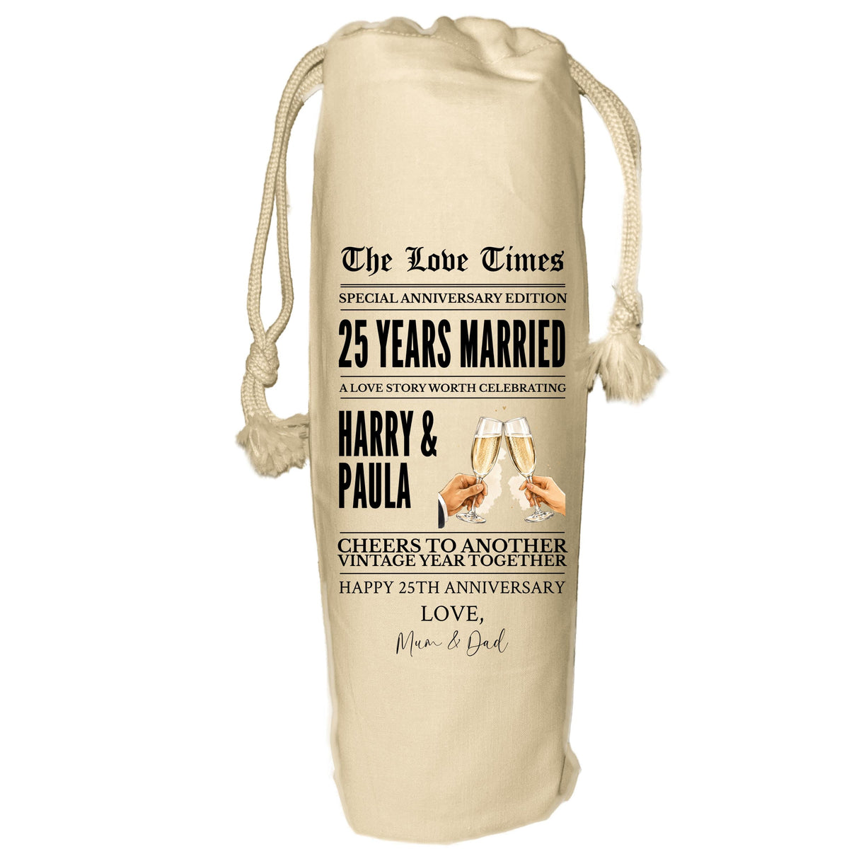 25 year anniversary personalised wine gift bag newspaper - Silver Wedding Anniversary