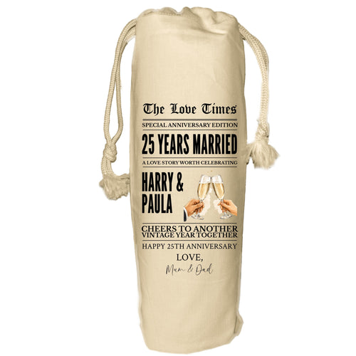 25 year anniversary personalised wine gift bag newspaper - Silver Wedding Anniversary