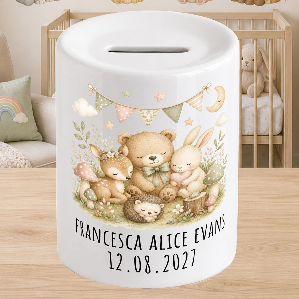 Personalised Baby Money Box Woodland - New baby Savings piggy bank - gift for newborn