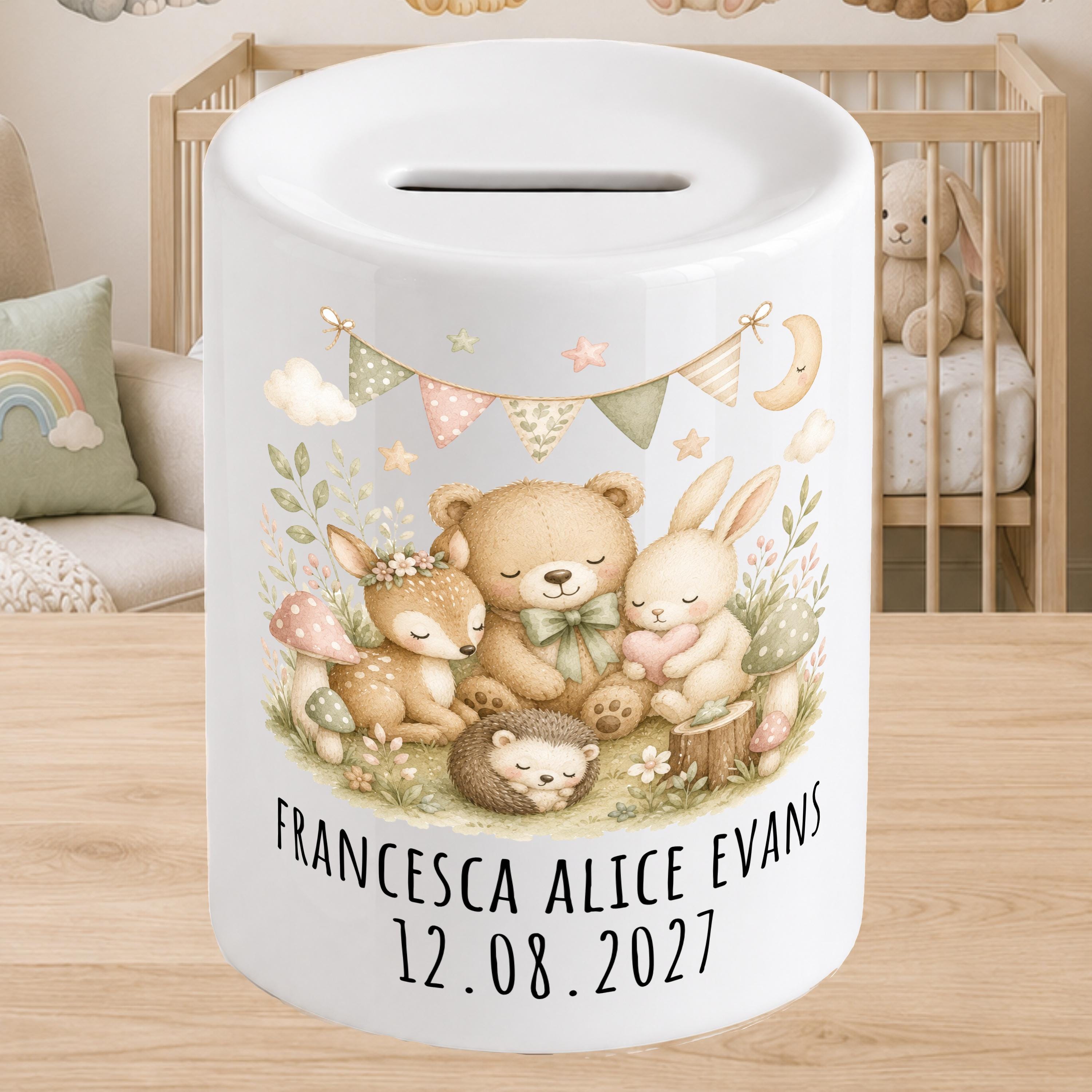 Personalised Baby Money Box Woodland - New baby Savings piggy bank - gift for newborn