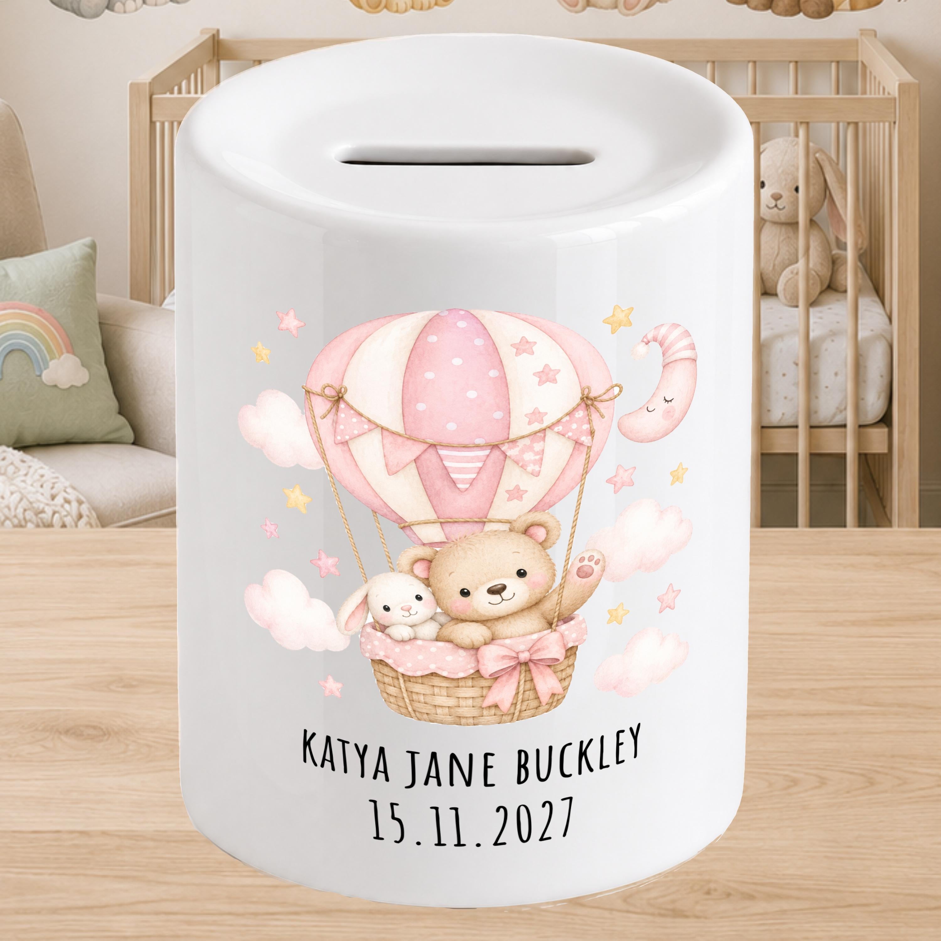 Personalised Baby Money Box Hot air balloon - New baby Savings piggy bank - gift for newborn - green, pink, yellow, blue
